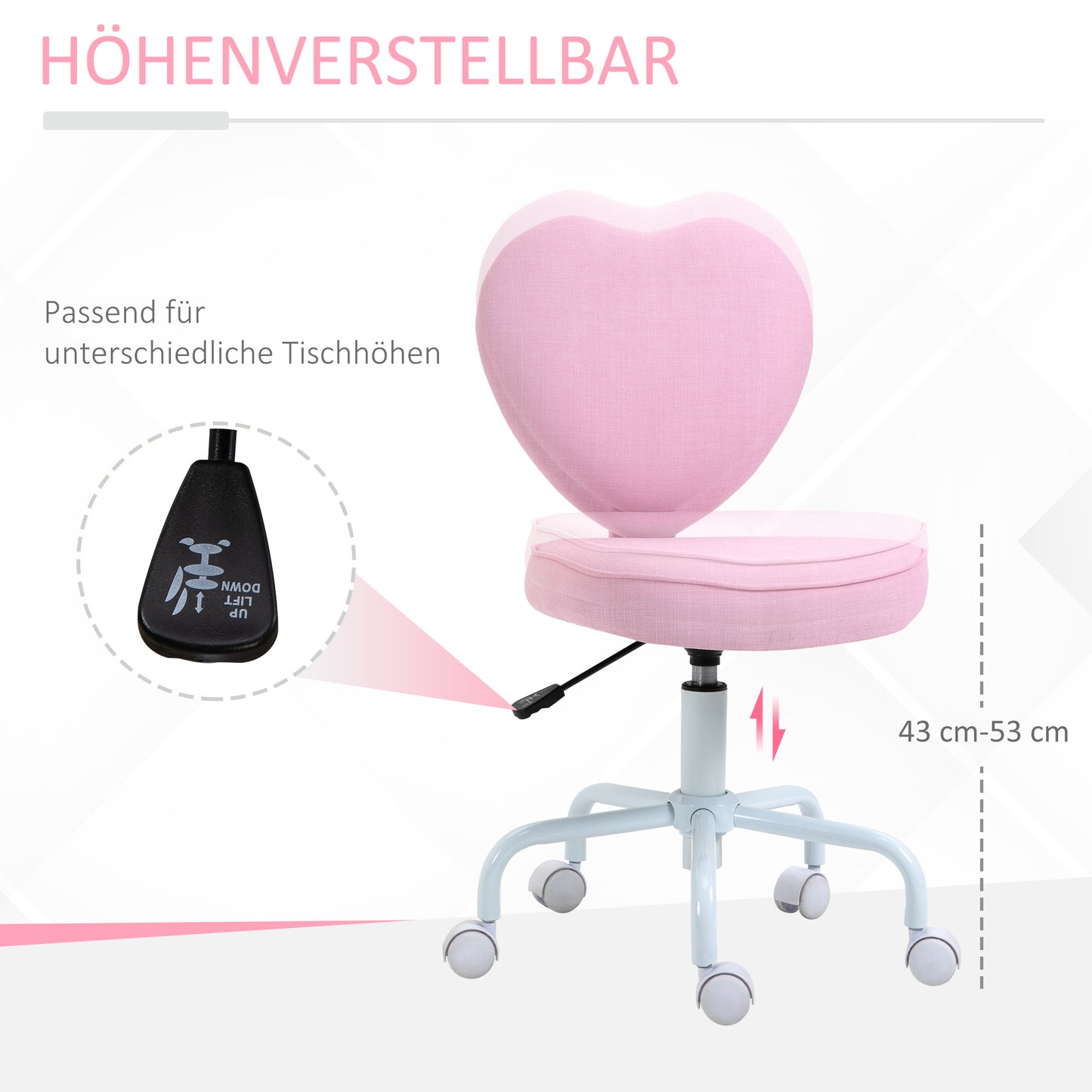 HOMCOM Drehstuhl, niedliches Herz-Design, höhenverstellbar, Stoffbezug in Leinenoptik, rosa, 42 x 50 x 79-89 cm