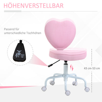 HOMCOM Drehstuhl, niedliches Herz-Design, höhenverstellbar, Stoffbezug in Leinenoptik, rosa, 42 x 50 x 79-89 cm
