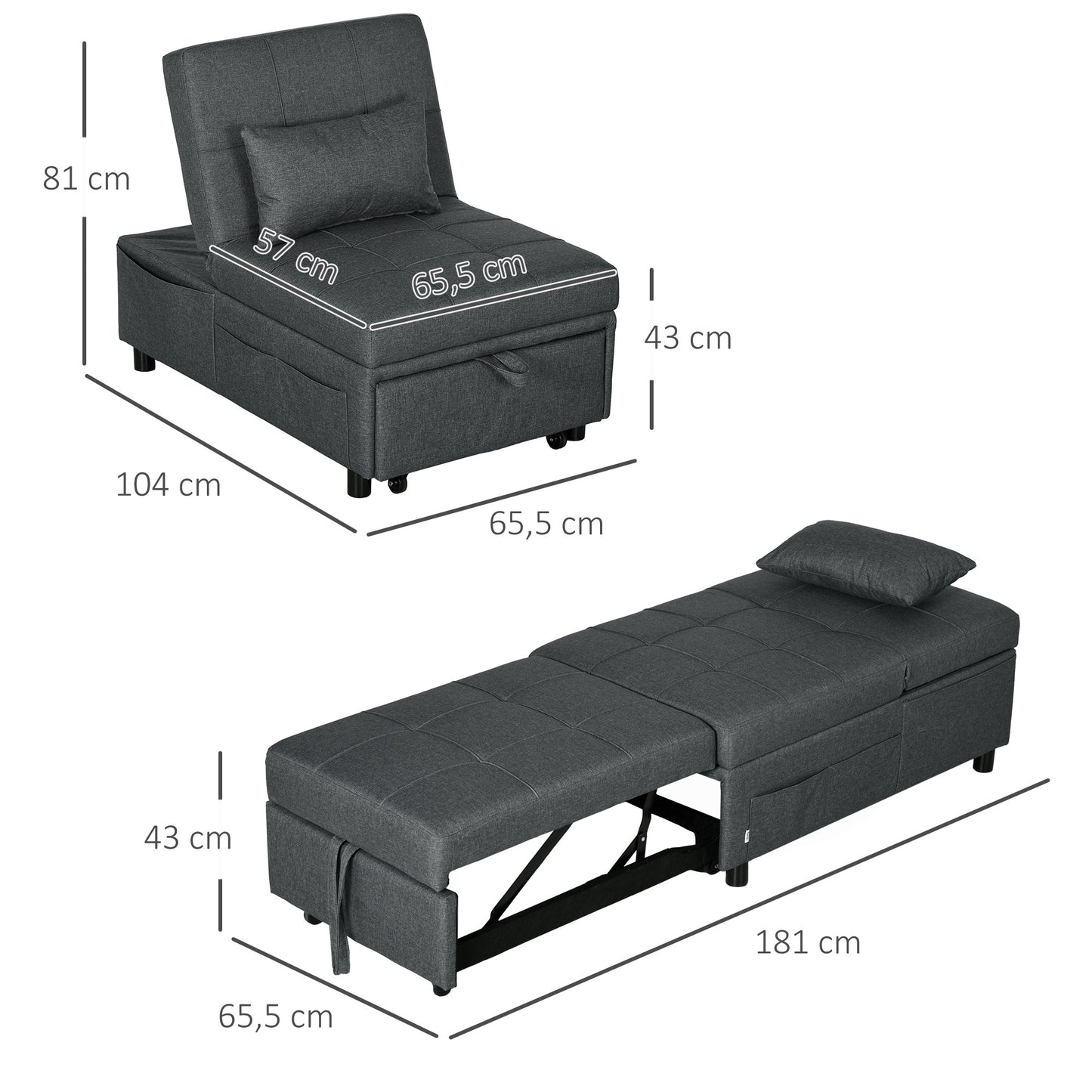 HOMCOM bequemer Liegesessel Schlafsessel 3-in-1 Sessel modern, bis 150 kg, Leinenoptik, inkl. Kissen, 65,5 x 104 x 81 cm, Dunkelgrau