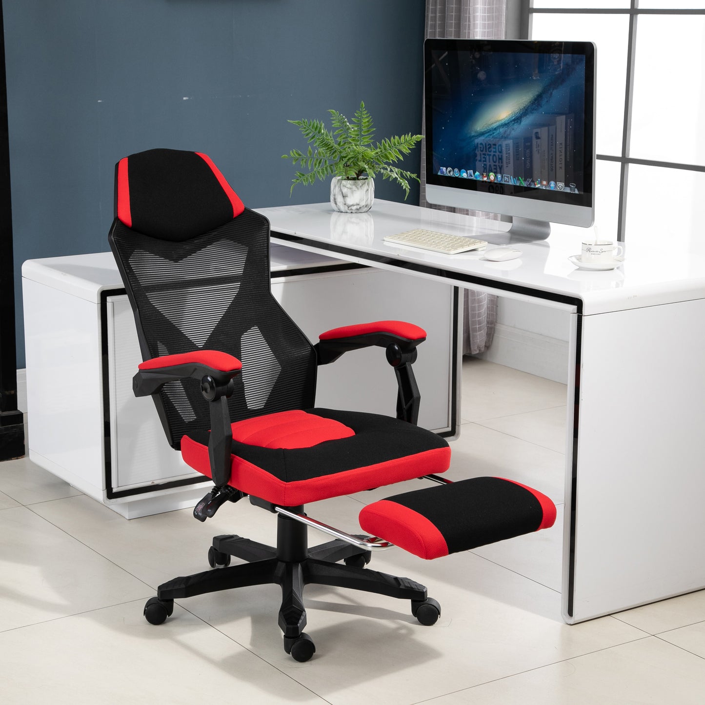 Vinsetto Ergonomischer Bürostuhl, Gaming Stuhl, Drehstuhl mit Fußstütze, PC Stuhl, Chefsessel, höhenverstellbar, Polyester, Schwarz+Rot,58 x 63 x 112-122 cm