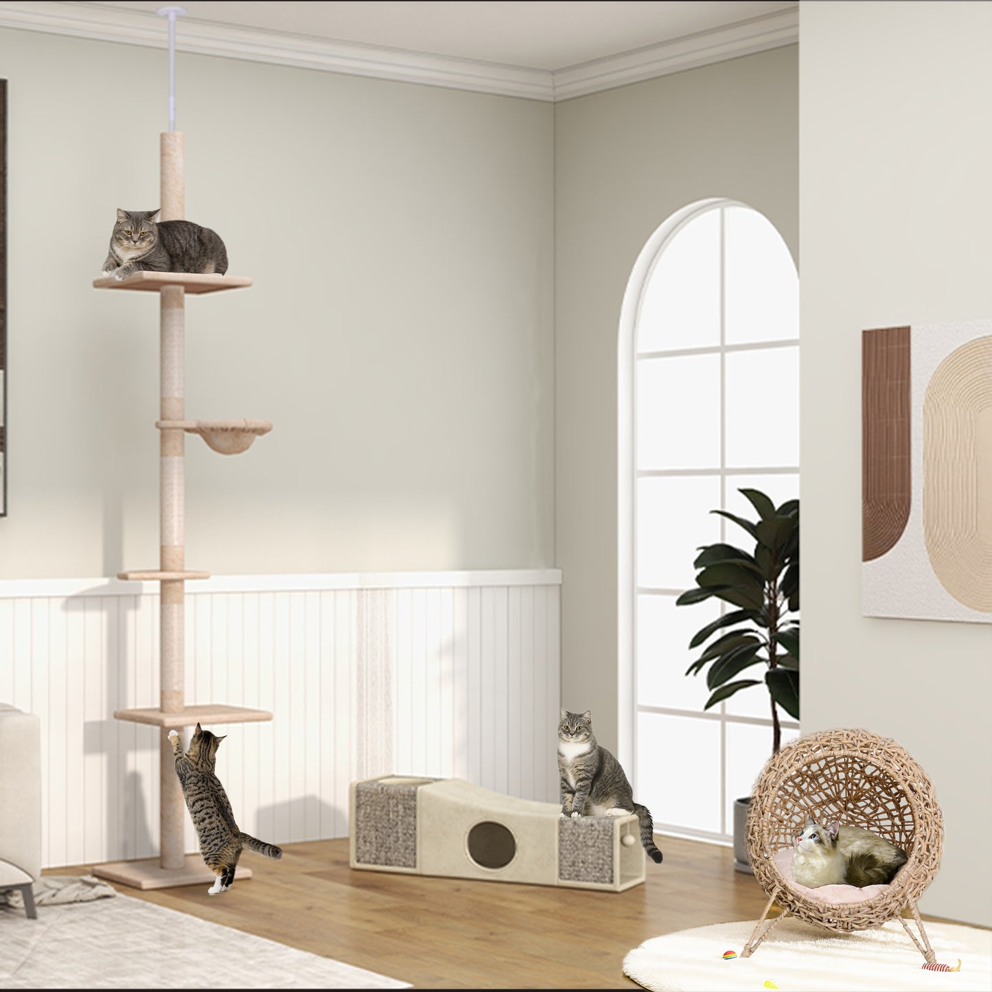 PawHut Kratzbaum Deckenhoch höhenverstellbar, stabiler Katzenbaum mit Sisalsäulen, Katzen Kletterbaum, Beige, 40 x 34 x 230-260 cm