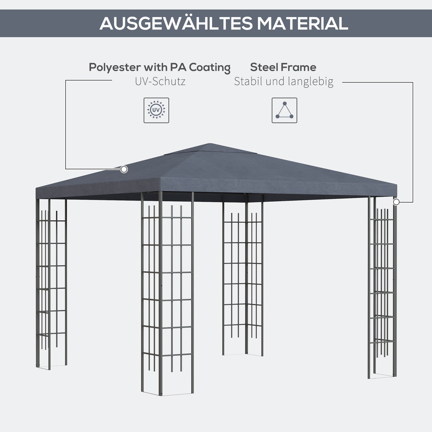Outsunny Gartenpavillon 2,95 x 2,95 m Pavillon Gartenzelt Festzelt Partyzelt Stahl Polyester Grau
