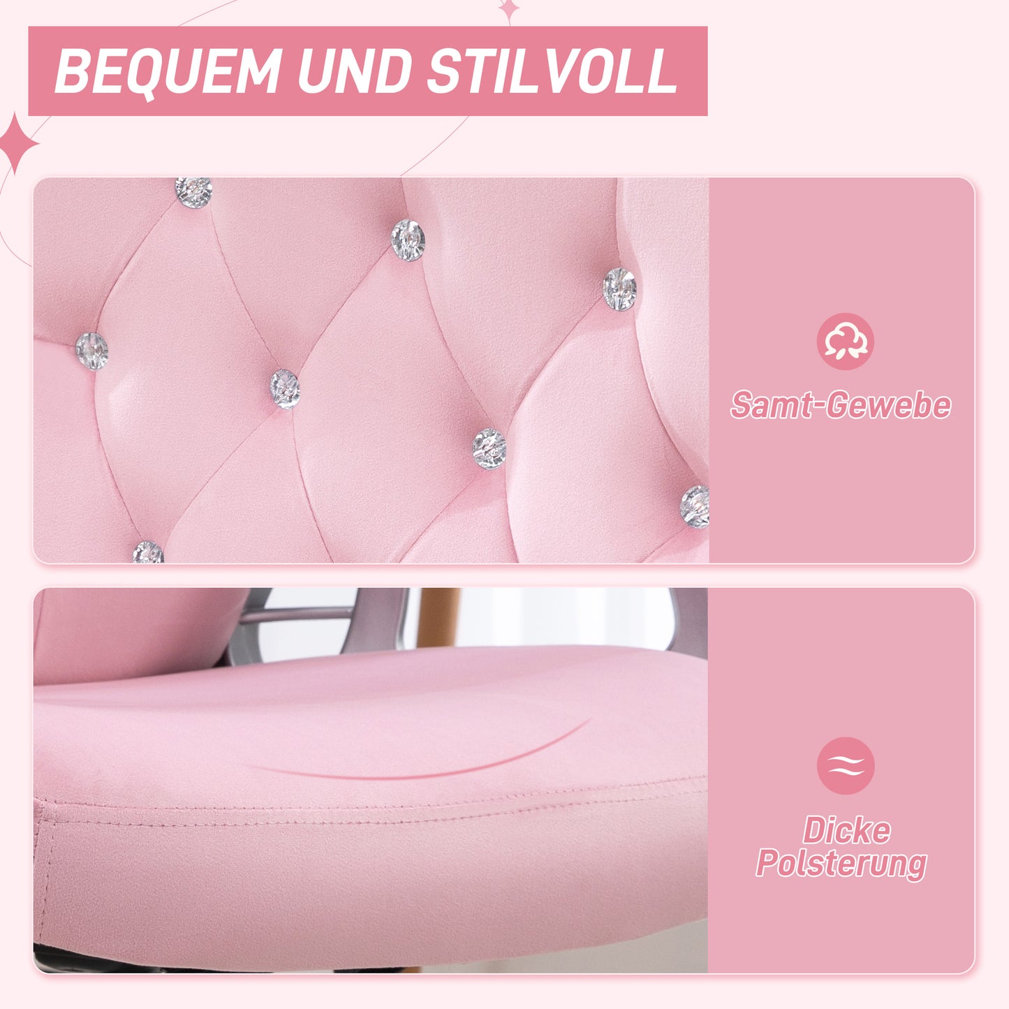 Vinsetto Bürostuhl, neigbare Lehne, höhenverstellbar, Samtoptik, bis 120 kg, Rosa