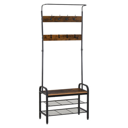 HOMCOM Garderobenständer Schuhregal Kleiderständer mit 8 Haken 2 Ablagen MDF Schwarz 72 x 34 x 185 cm