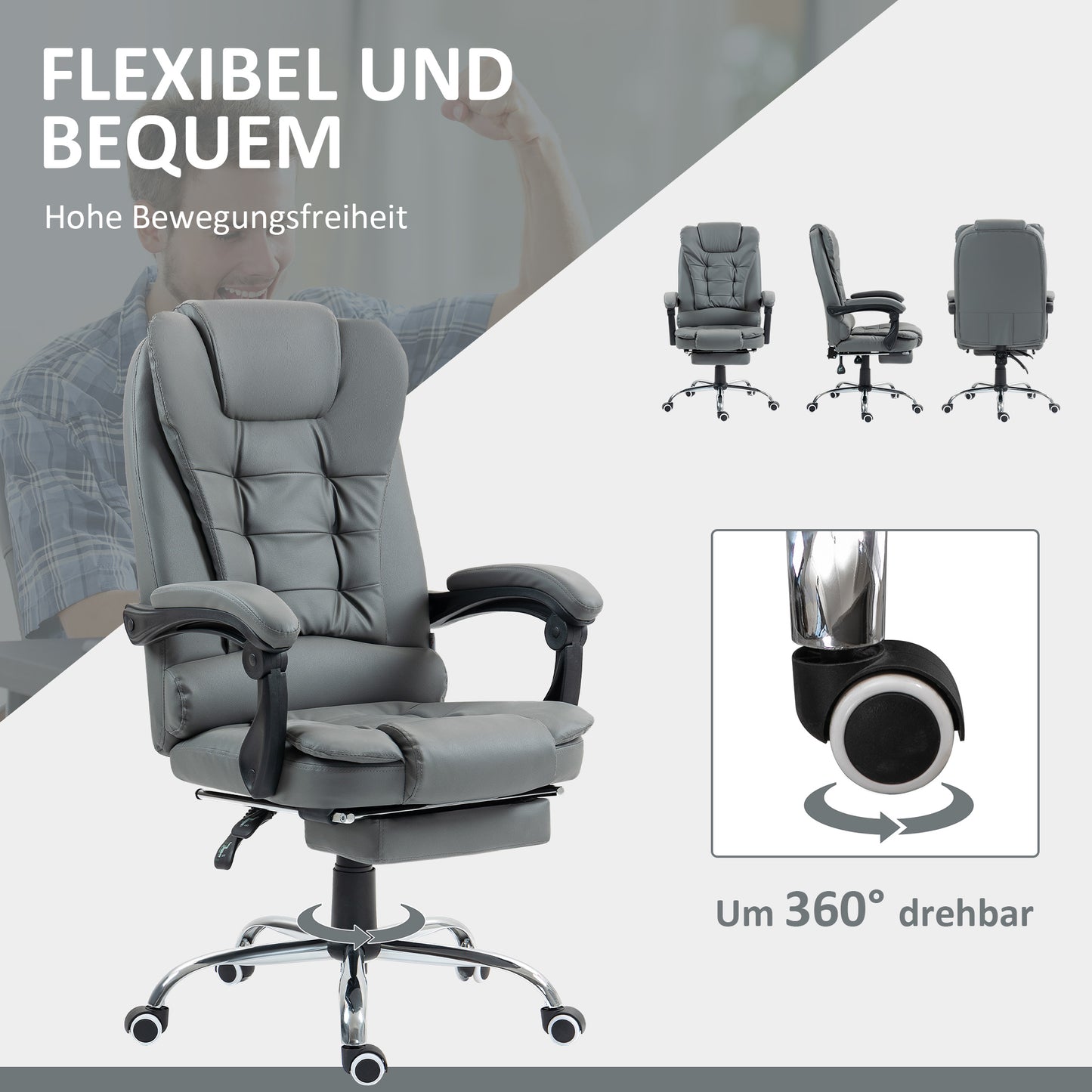 HOMCOM Bürostuhl mit Fußstütze, Schreibtischstuhl, verstellbare Rückenlehne, höhenverstellbar, Grau+Schwarz+Silber