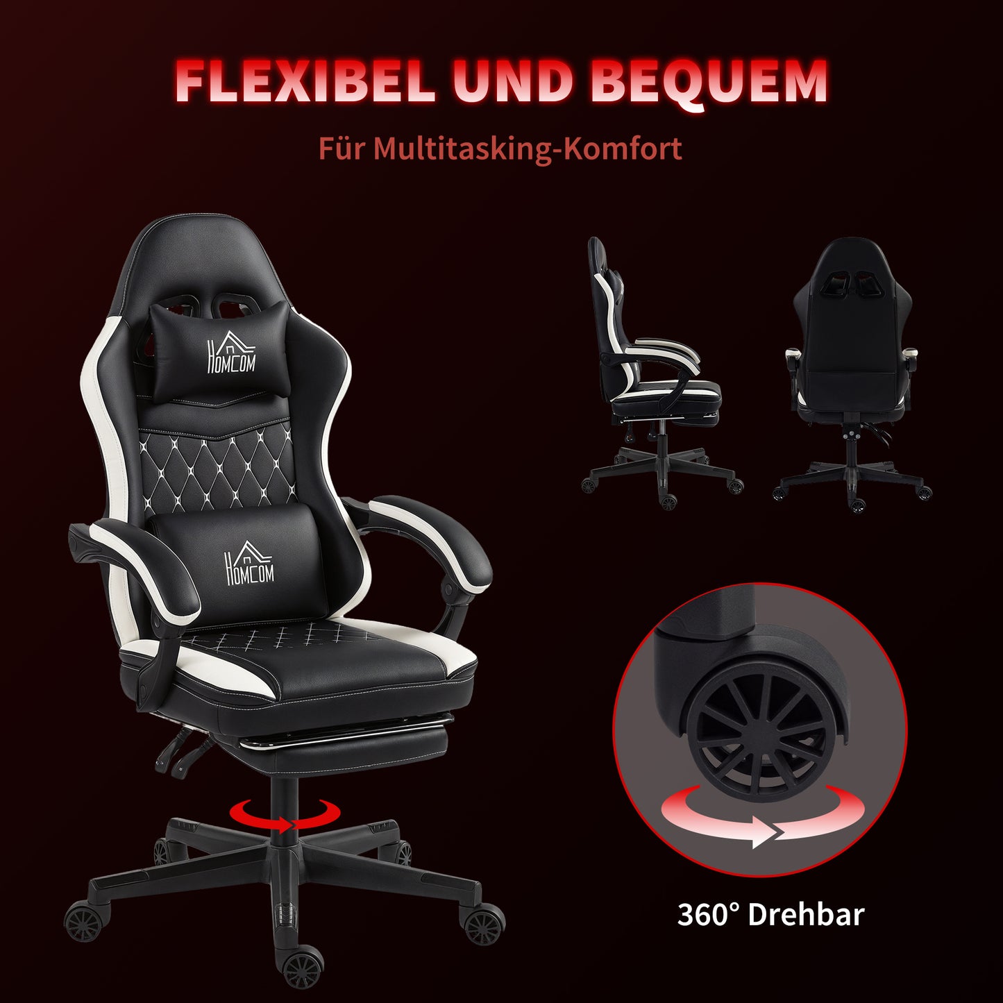 HOMCOM Gaming-Stuhl mit Fußstütze, Computerstuhl mit Kopfstütze & Kissen, Kunstleder-Bezug, drehbar, höhenverstellbar, Metall, Kunststoff, Schwarz+Weiß