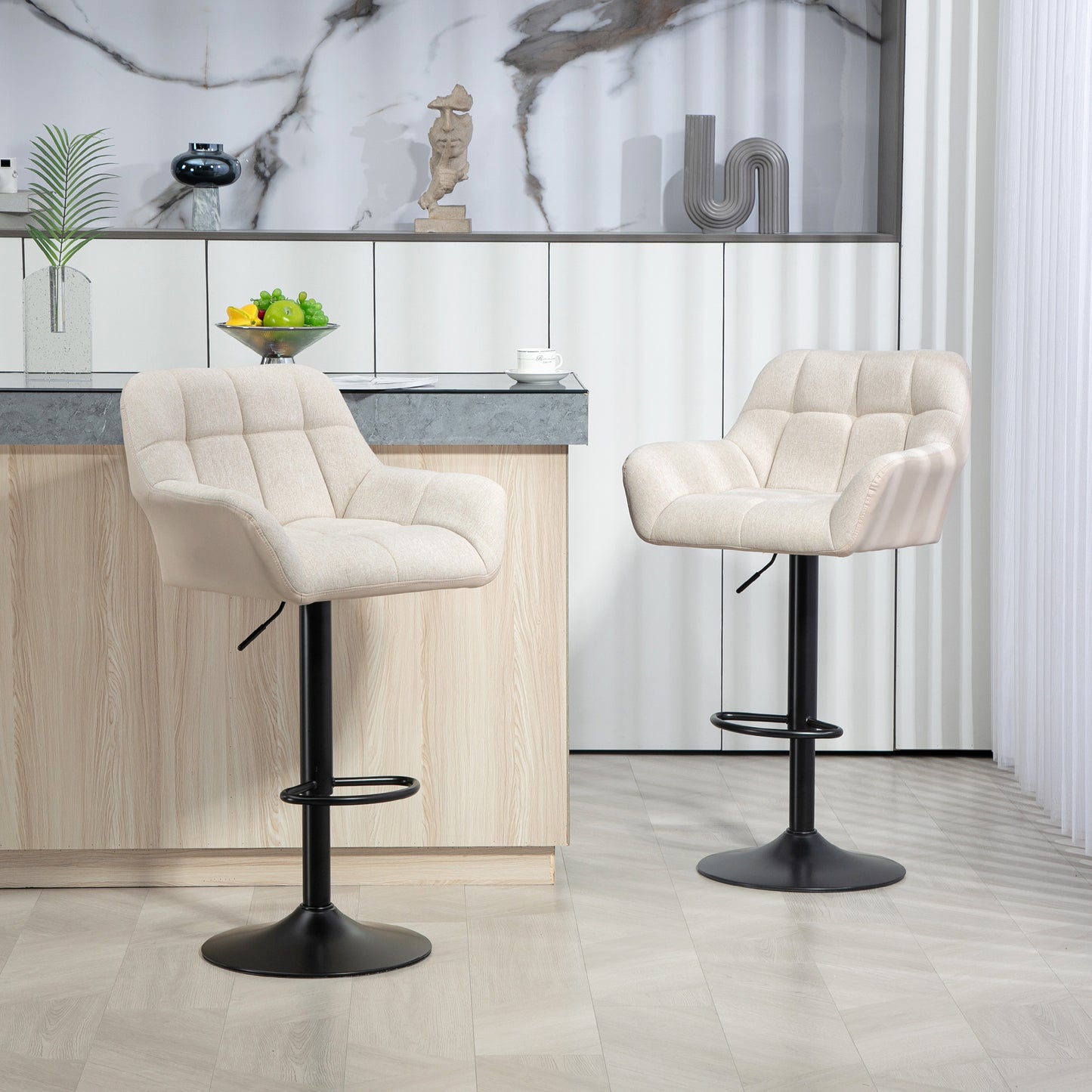 HOMCOM Barhocker 2er-Set Retro-Design höhenverstellbar Kunstleder Leinenoptik Creme + Schwarz