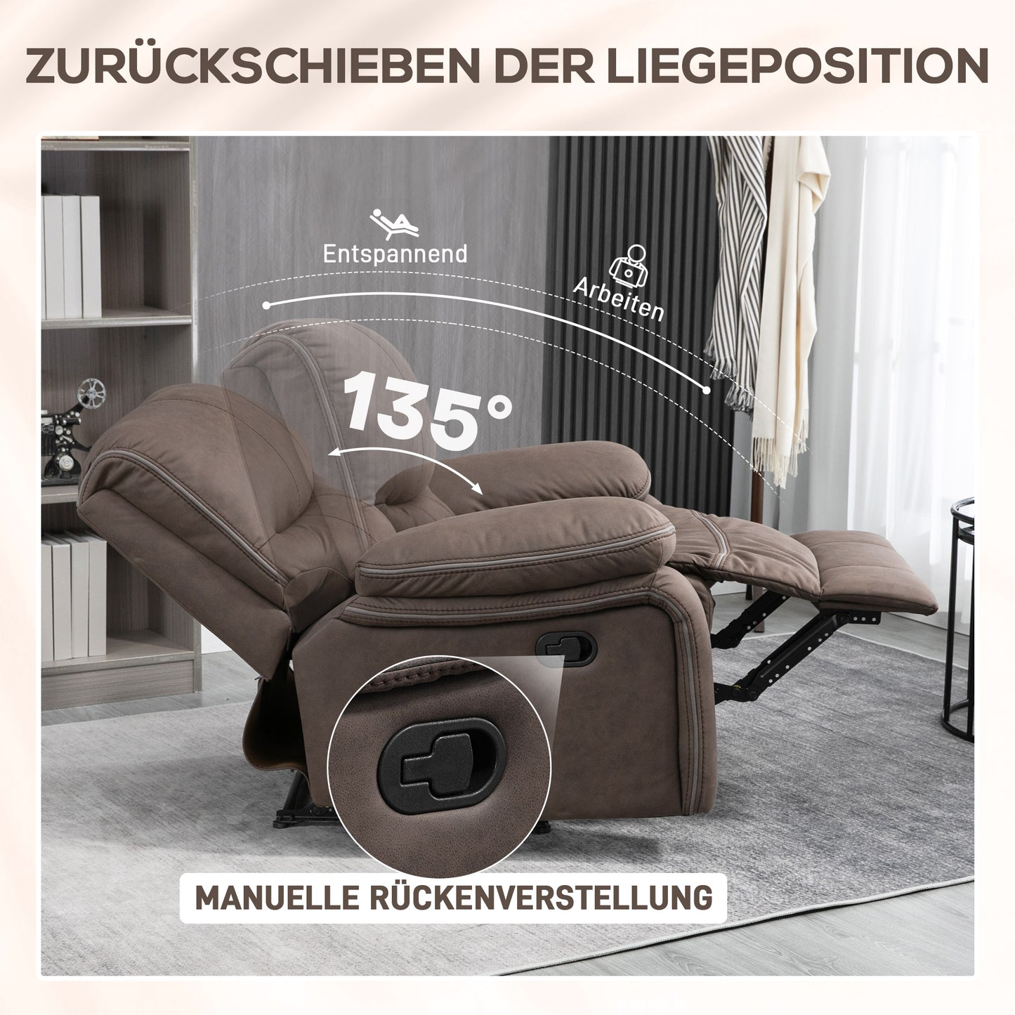 HOMCOM Polstersessel mit Fußstütze, Entspannungssessel zum Zurücklehnen, Mikrofaserbezug in Lederoptik, Metallstruktur, Braun