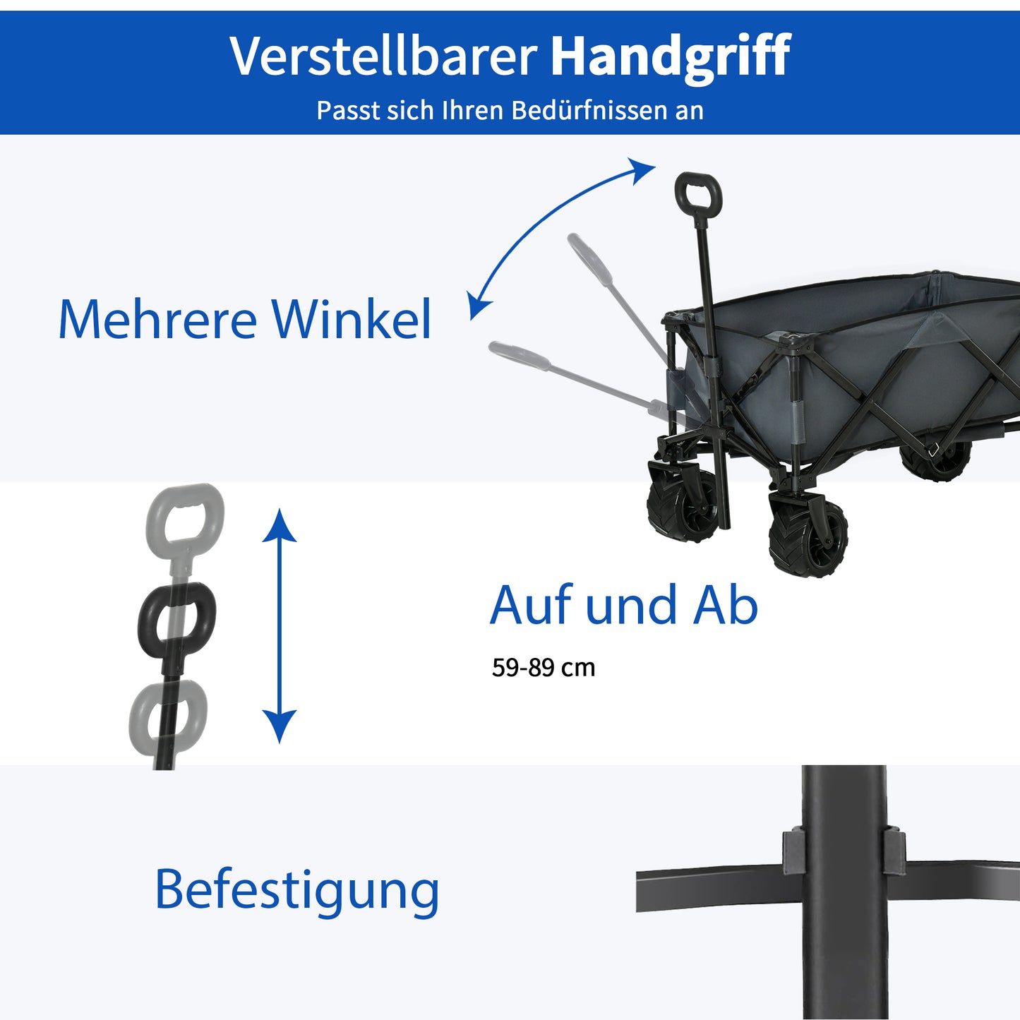 Outsunny Bollerwagen Faltbarer Handwagen 360° Gartenwagen Transportwagen mit Teleskop Griff Verstellbarer Griffhöhe Strandwagen bis 70 kg Tragkraft Metall Oxford Dunkelgrau 108 x 55 x 59-89 cm