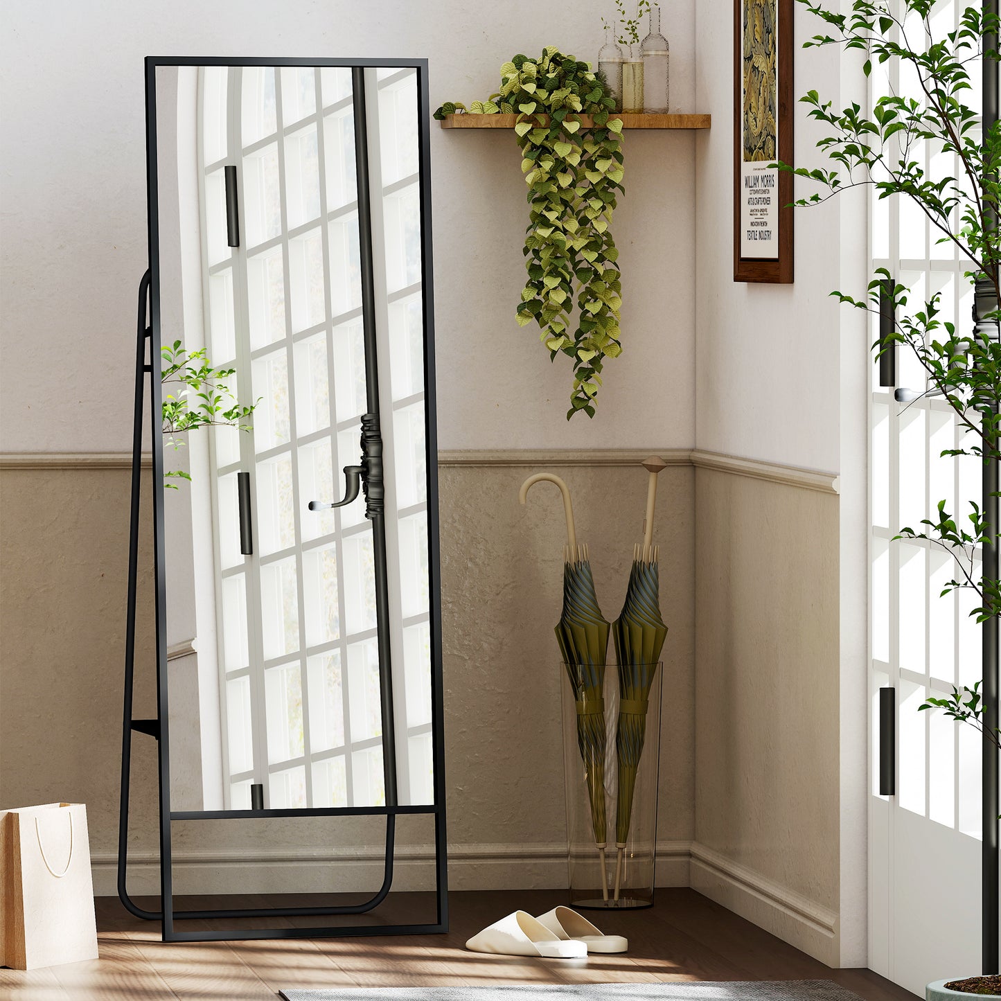 HOMCOM Ganzkörperspiegel, industrielles Design, hinteres Regal, 2 Haken, Metallrahmen, für Schlafzimmer, 157 x 50 cm, Schwarz