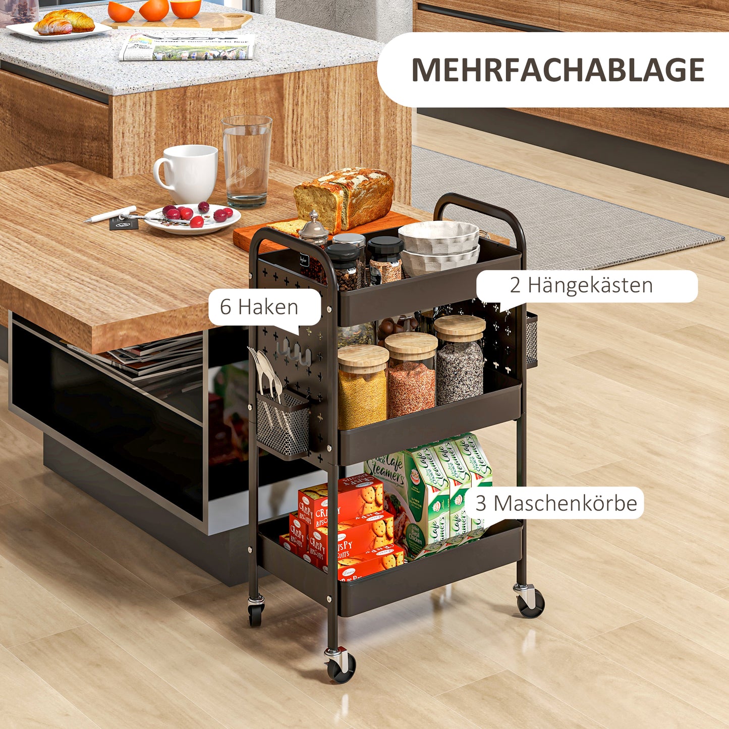 HOMCOM Mehrzweckwagen Rollwagen Küchenwagen, 3 Regale, 4 Rollen, 53,5 cm x 30,5 cm x 75 cm, Schwarz