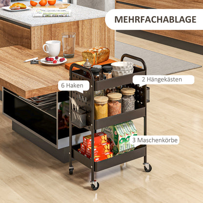 HOMCOM Mehrzweckwagen Rollwagen Küchenwagen, 3 Regale, 4 Rollen, 53,5 cm x 30,5 cm x 75 cm, Schwarz