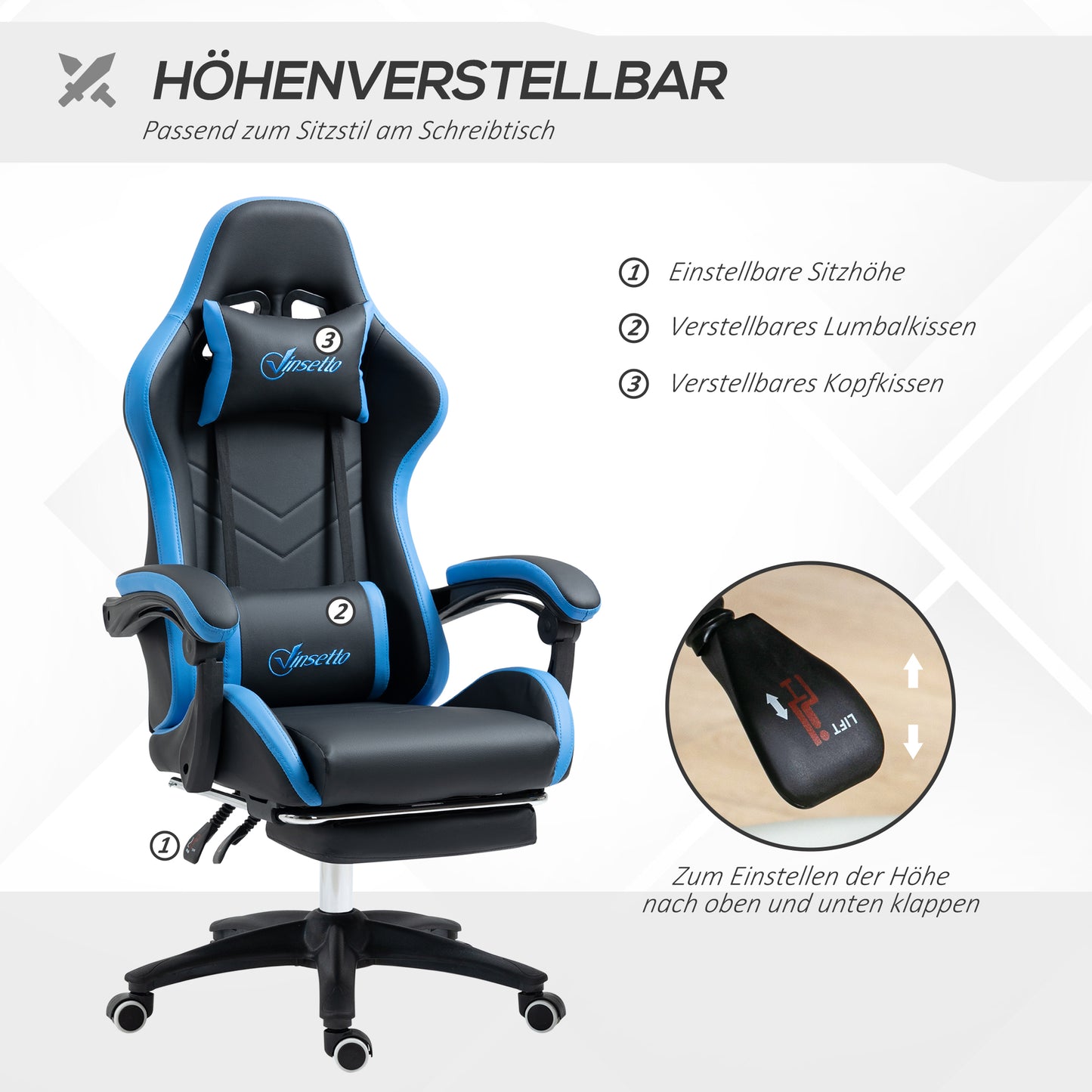 Vinsetto Bürostuhl, Gamingstuhl, 1 Kopfstütze, 1 Lendenstütze, Blau + Schwarz