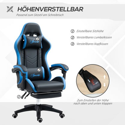 Vinsetto Bürostuhl, Gamingstuhl, 1 Kopfstütze, 1 Lendenstütze, Blau + Schwarz