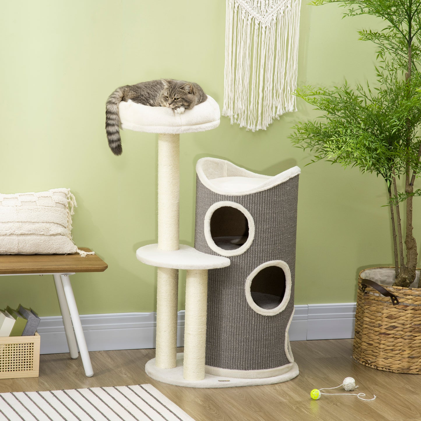 PawHut Kratzbaum mit Katzenbett u. Kratztonne für Katzen, 60 cm x 44,5 cm x 109 cm, Grau + Natur + Weiß