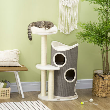 PawHut Kratzbaum mit Katzenbett u. Kratztonne für Katzen, 60 cm x 44,5 cm x 109 cm, Grau + Natur + Weiß