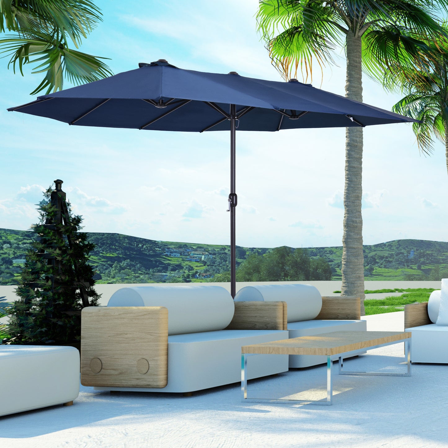 Outsunny Doppelsonnenschirm 455 x 270 cm Gartenschirm mit Handkurbel oval stabil Metallstange Marktschirm Doppelsonnenschirm Terrassenschirm Sonnenschutz für Strand Balkon Terrasse Garten Blau