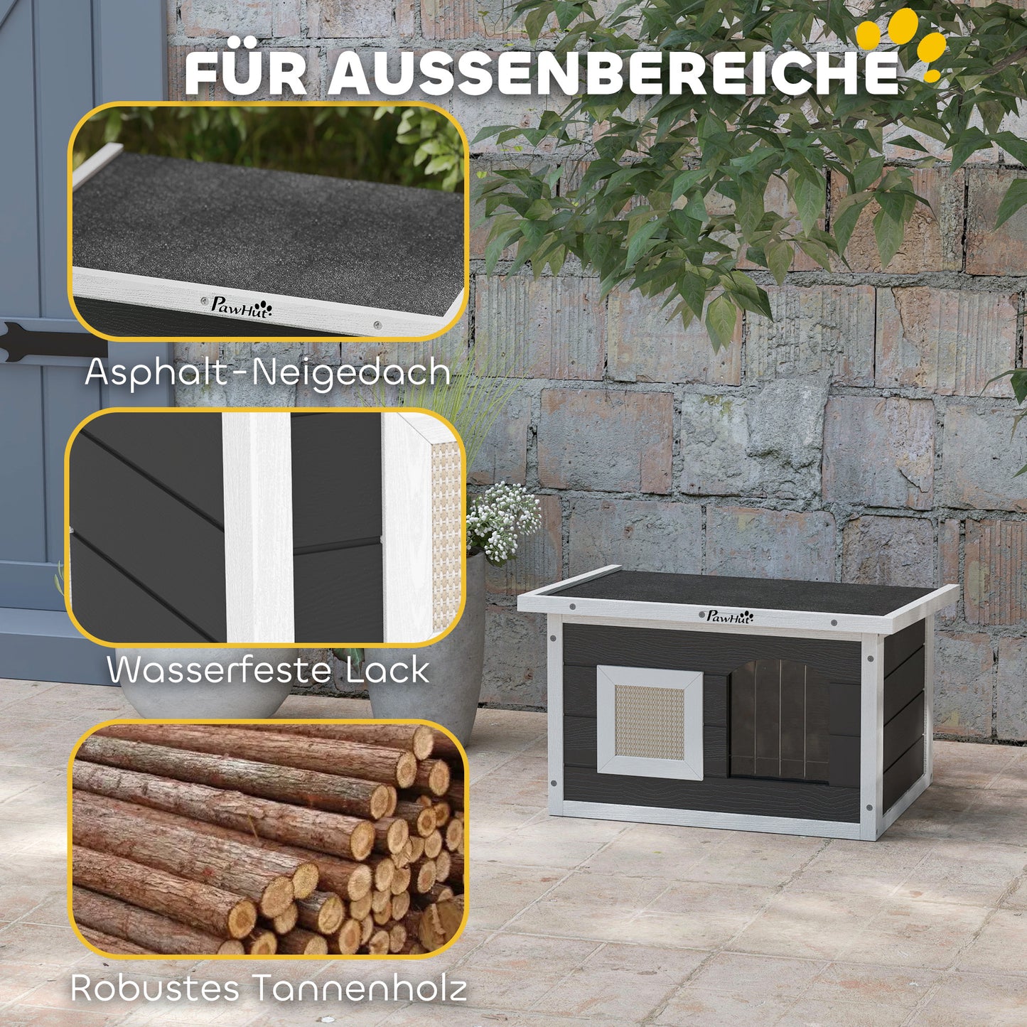 PawHut Katzenhaus, Rückzugsort für Katzen und Kaninchen, Holzhaus mit Kratzmatte, Türklappe, 61 x 45 x 36,5 cm, Grau