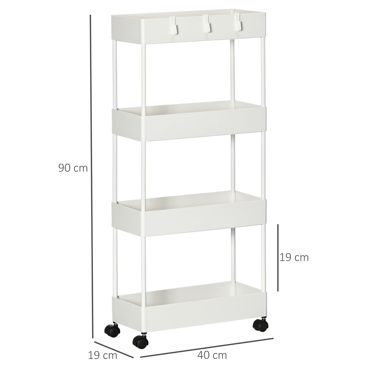 HOMCOM Küchenwagen mit 4 Regalen, 4 flexiblen Haken, 4 Rollen, 40 cm x 19 cm x 90 cm, Nischenwagen, Weiß