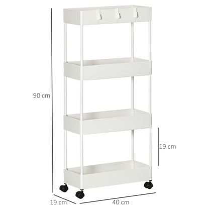 HOMCOM Küchenwagen mit 4 Regalen, 4 flexiblen Haken, 4 Rollen, 40 cm x 19 cm x 90 cm, Nischenwagen, Weiß