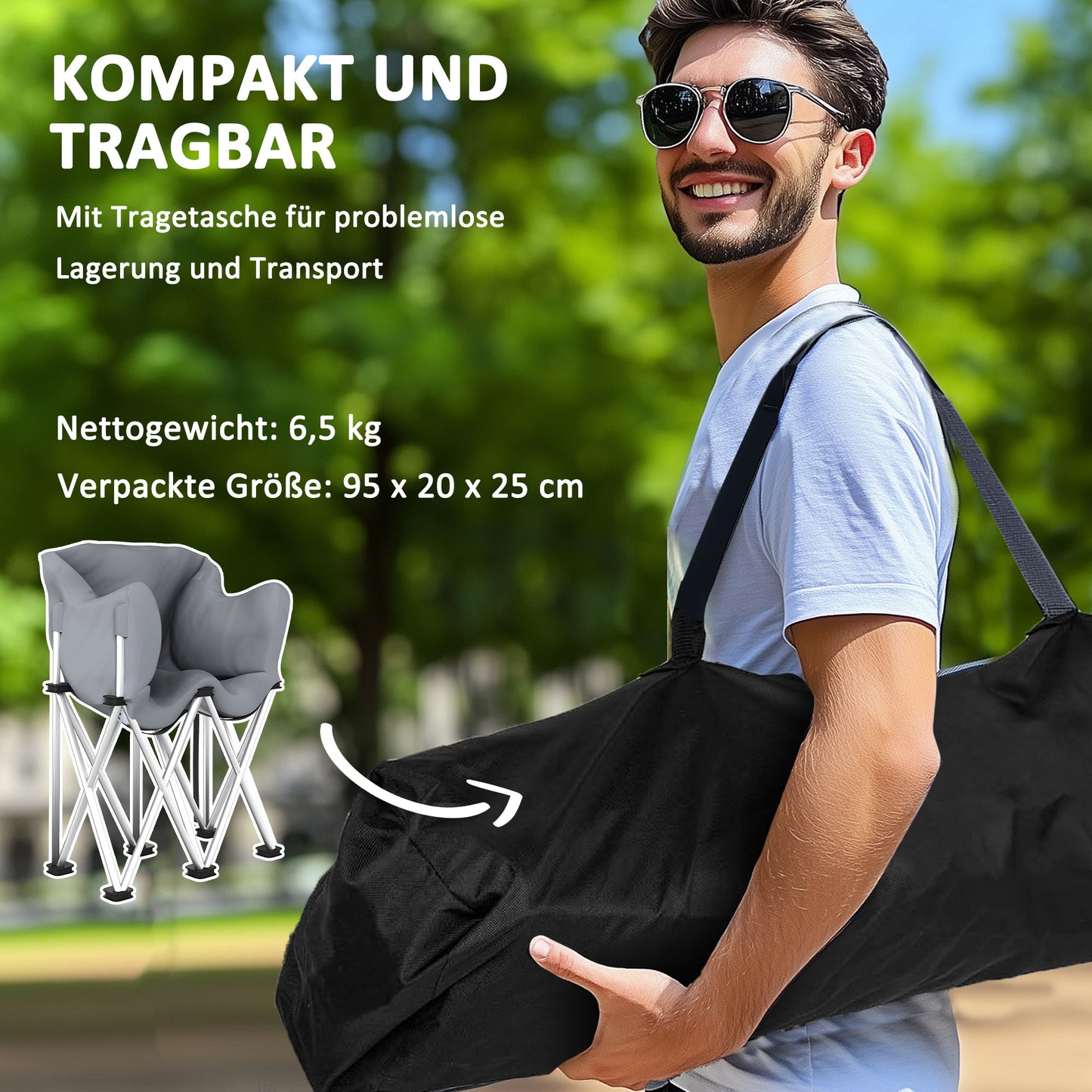 Outsunny Faltstuhl 2 Sitzer faltbar Campingstuhl mit Armlehnen Seitentasche bis 240kg belastbar Grau