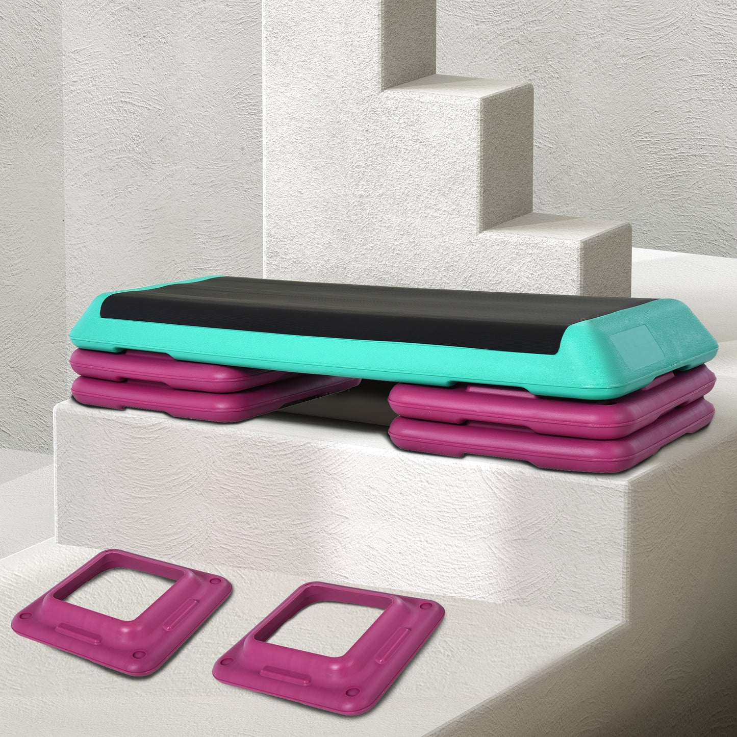HOMCOM Steppbrett höhenverstellbar Fitness Stepper 3 Stufen (10/15/20 cm) Rutschfest Stepbench für Zuhause Fitnessstudio Büro Kunststoff Schwarz+Grün+Violett