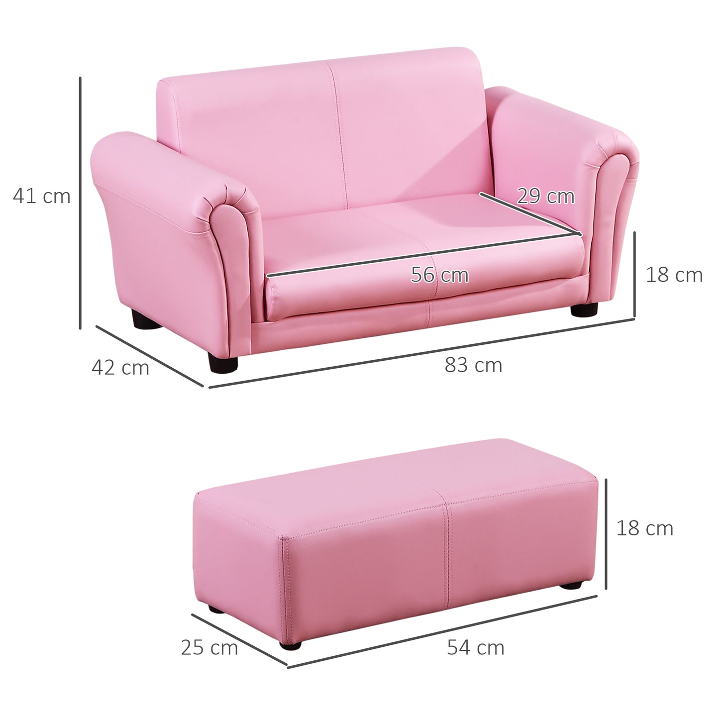 HOMCOM Kindersessel mit Fußhocker, Kindercouch mit Hocker, Kindersofa, Sofa Sessel, Rosa 83 x 42 x 41 cm