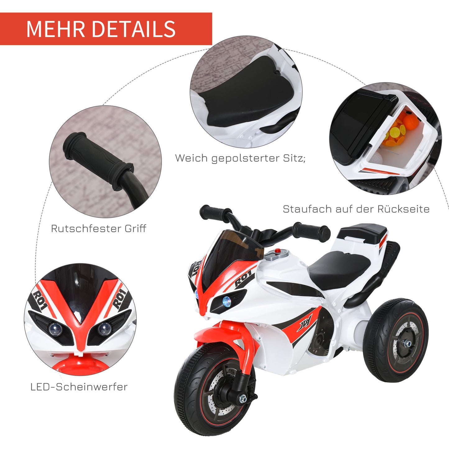 HOMCOM Laufrad, Rutscher, Kindermotorrad, 18-36 Monate, Musik/Licht, bis 20 kg, Weiß/Rot