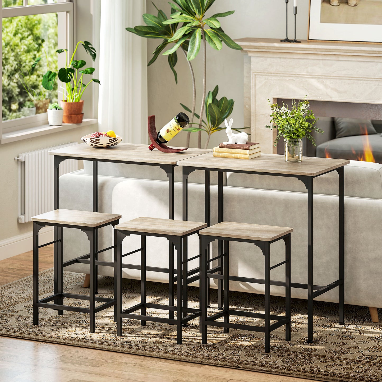 HOMCOM Bartisch Set Bartisch mit Barhocker-Set Esstisch mit 2 Stühlen mit Rutschfestem Fußpolster Naturholz