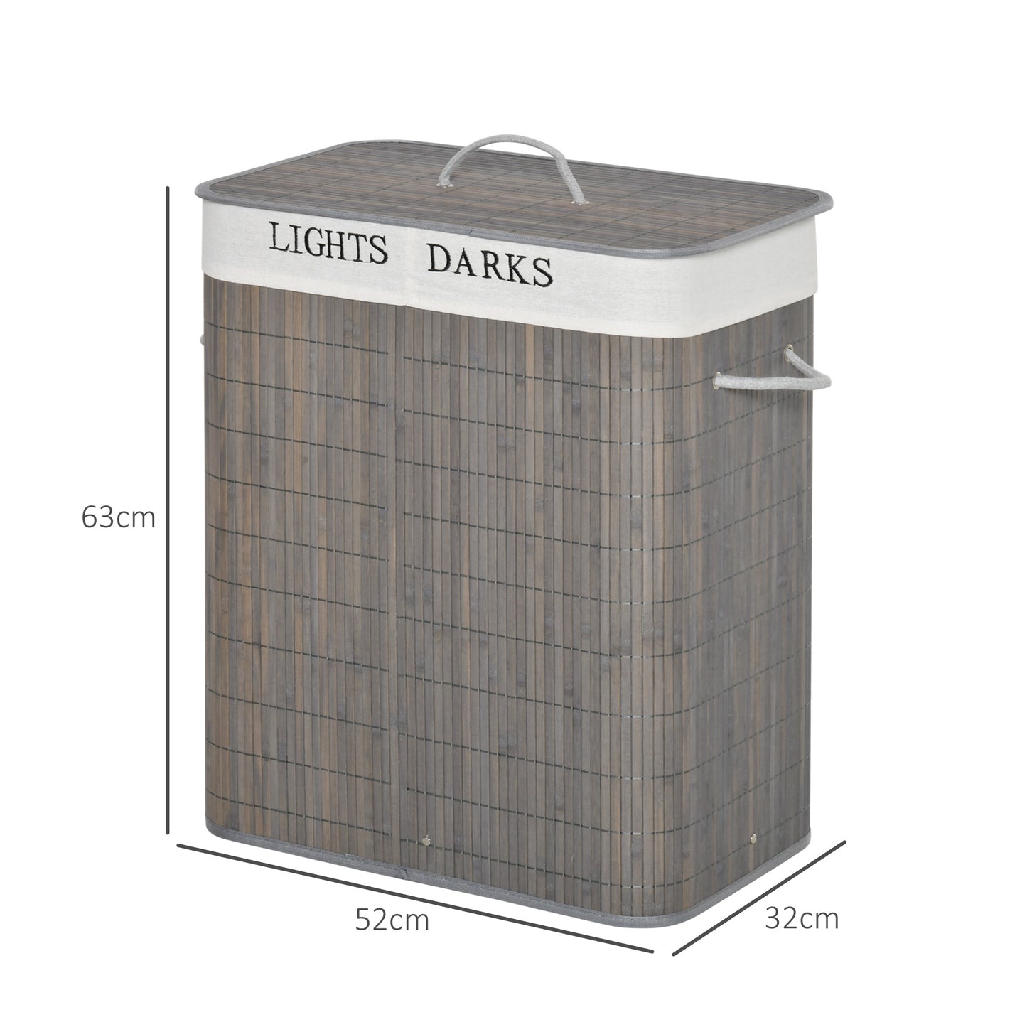HOMCOM 100L Wäschekorb mit 3 Griffen, mit waschbarem Wäschesack, Bambus, Polyester, Baumwolle, Metall, 52 x 32 x 63 cm, Grau