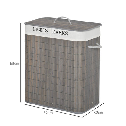 HOMCOM 100L Wäschekorb mit 3 Griffen, mit waschbarem Wäschesack, Bambus, Polyester, Baumwolle, Metall, 52 x 32 x 63 cm, Grau