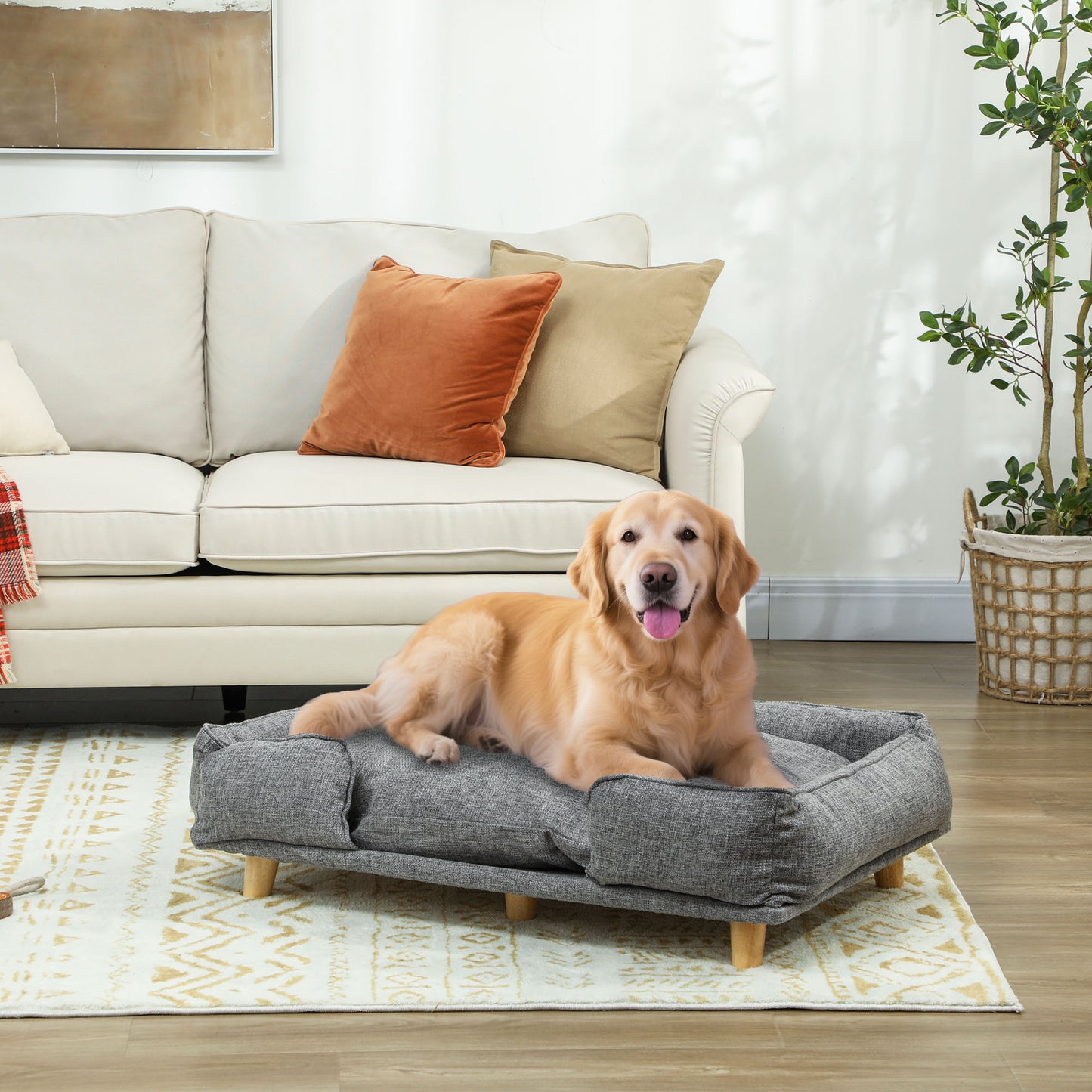PawHut Hundesofa, Haustiersofa, Haustierbett, abnehmbares u. waschbares Polster, Natur+ Dunkelgrau