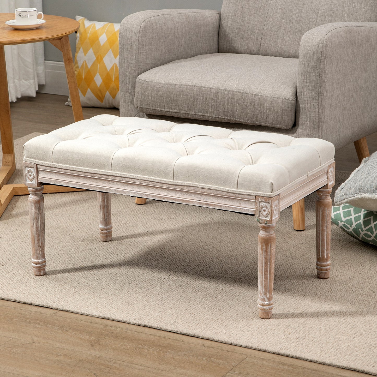 HOMCOM Gepolsterter Sitzhocker, Polsterbank, Fußhocker, Holz und Stoffbezug in Leinenoptik, 80L x 40B x 43H cm, Cremeweiß