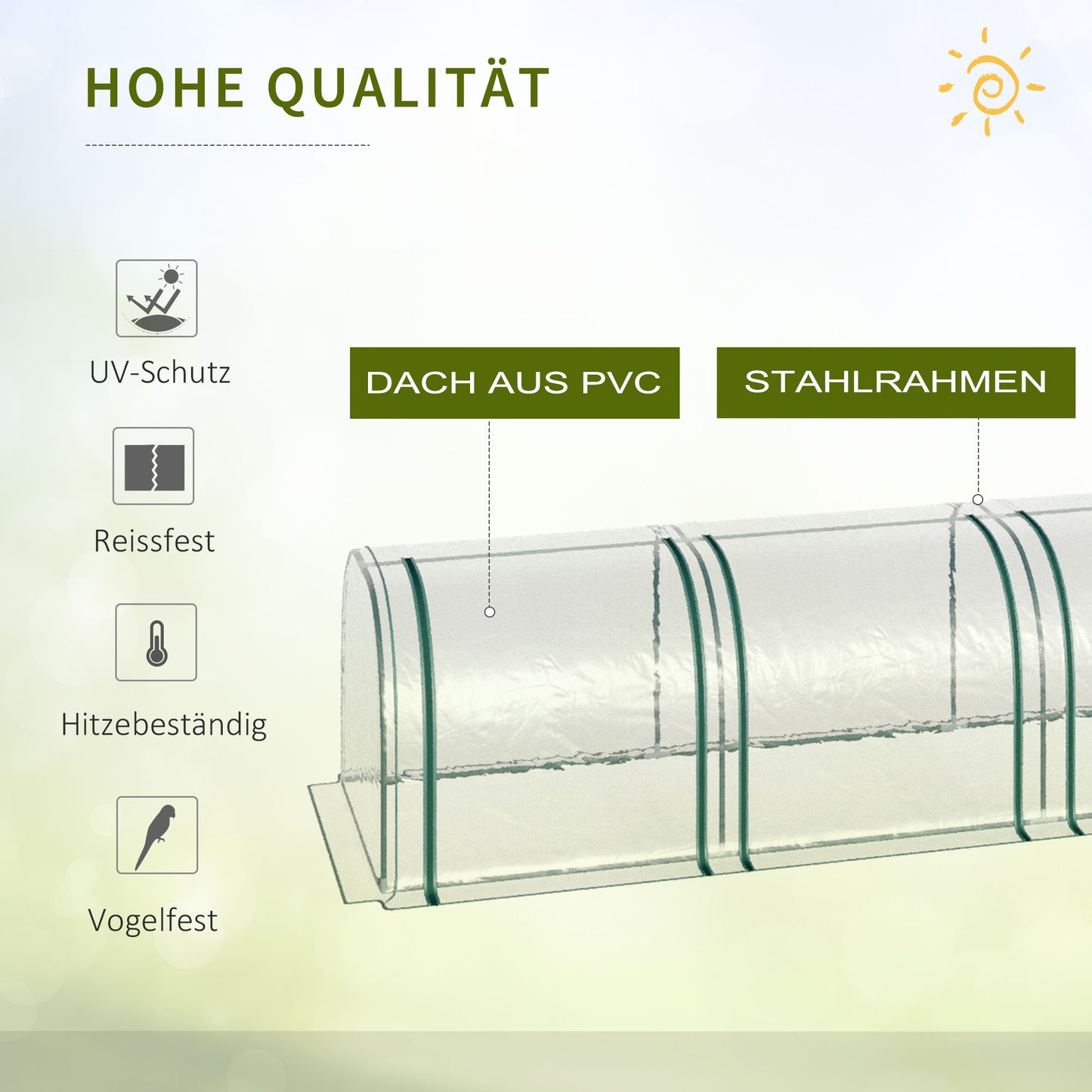 Outsunny Tunnelgewächshaus, 4 Fenster mit Reißverschluss, Stahlrahmen, robuste Plane, transparent, 395 x 100 x 80cm