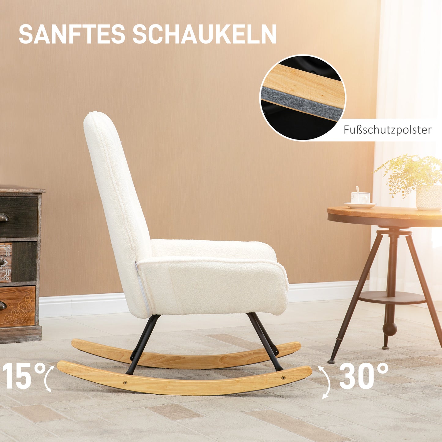 HOMCOM Schaukelstuhl mit Sherpa-Vlies 63 cm x 95cm x 97 cm Natur+ Creme