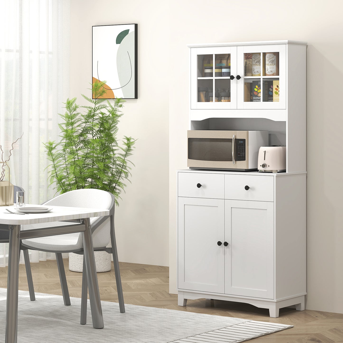 HOMCOM Freistehender Küchenschrank mit Arbeitsplatte für Mikrowelle, Kaffeemaschine, Schränke, Glastüren, Weiß