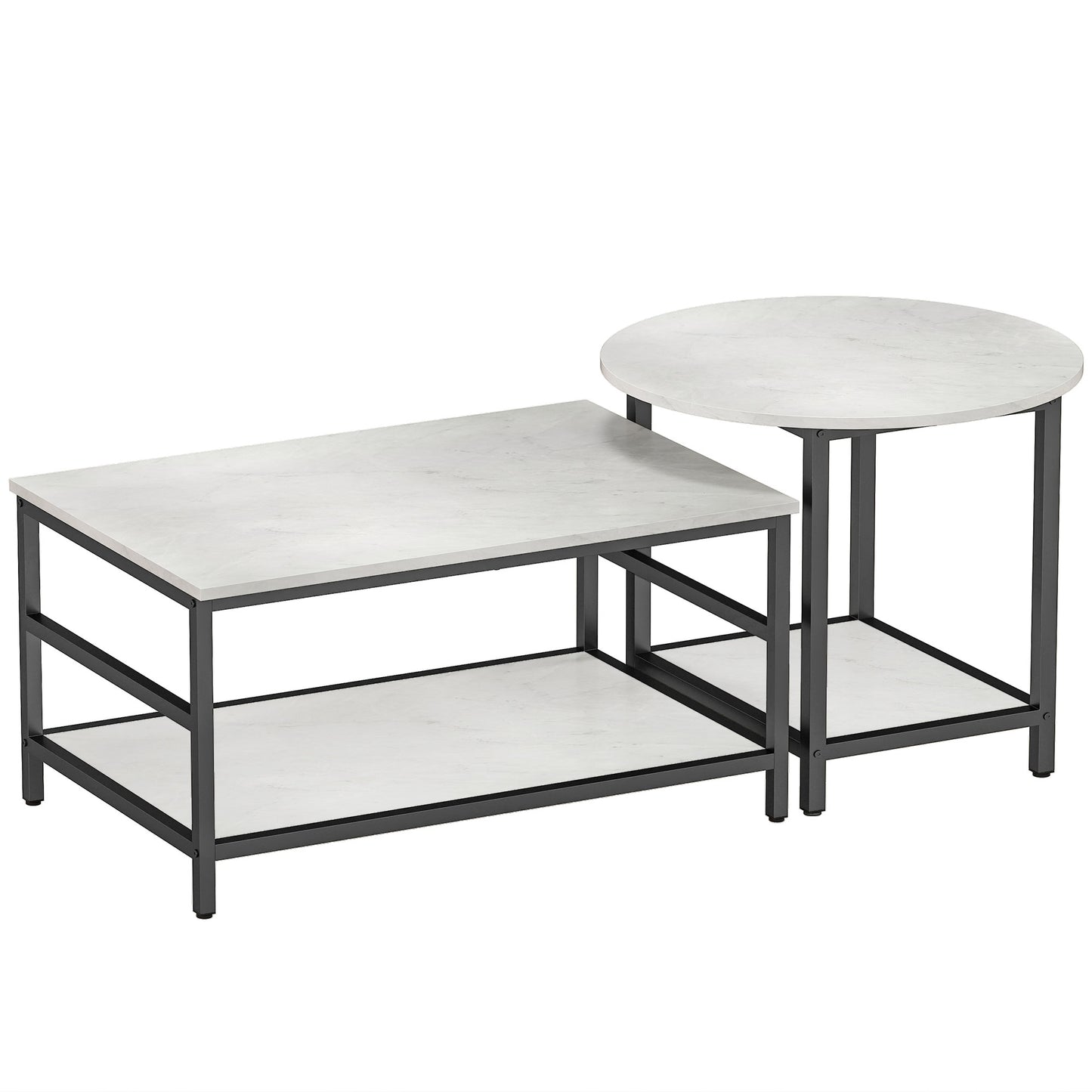 HOMCOM Couchtisch-Set, 2 Beistelltische, Marmoroptik, verstellbare Füße, Stahl, Schwarz/Weiß