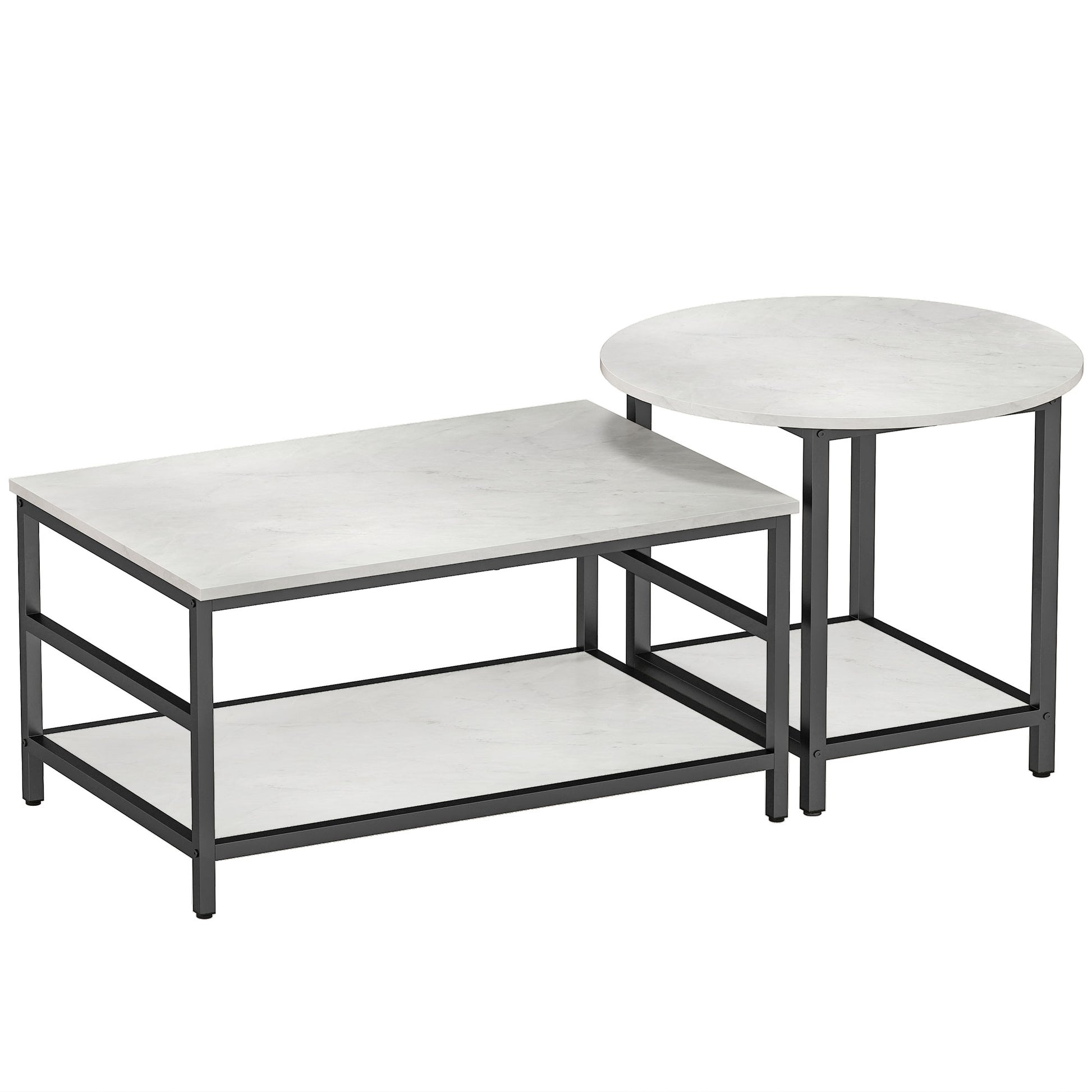 HOMCOM Couchtisch-Set, 2 Beistelltische, Marmoroptik, verstellbare Füße, Stahl, Schwarz/Weiß