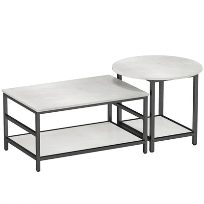 HOMCOM Couchtisch-Set, 2 Beistelltische, Marmoroptik, verstellbare Füße, Stahl, Schwarz/Weiß