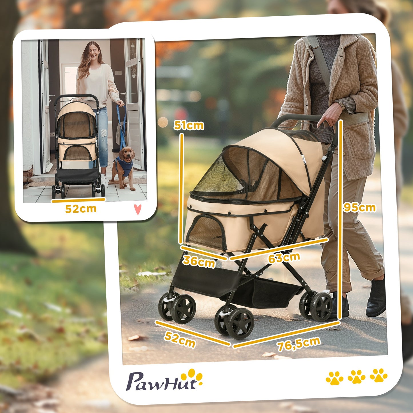 PawHut Hundewagen Hundebuggy klappbar, 1 Korb, 2 Bremsen, inkl. Sicherheitsleine, Hellbraun