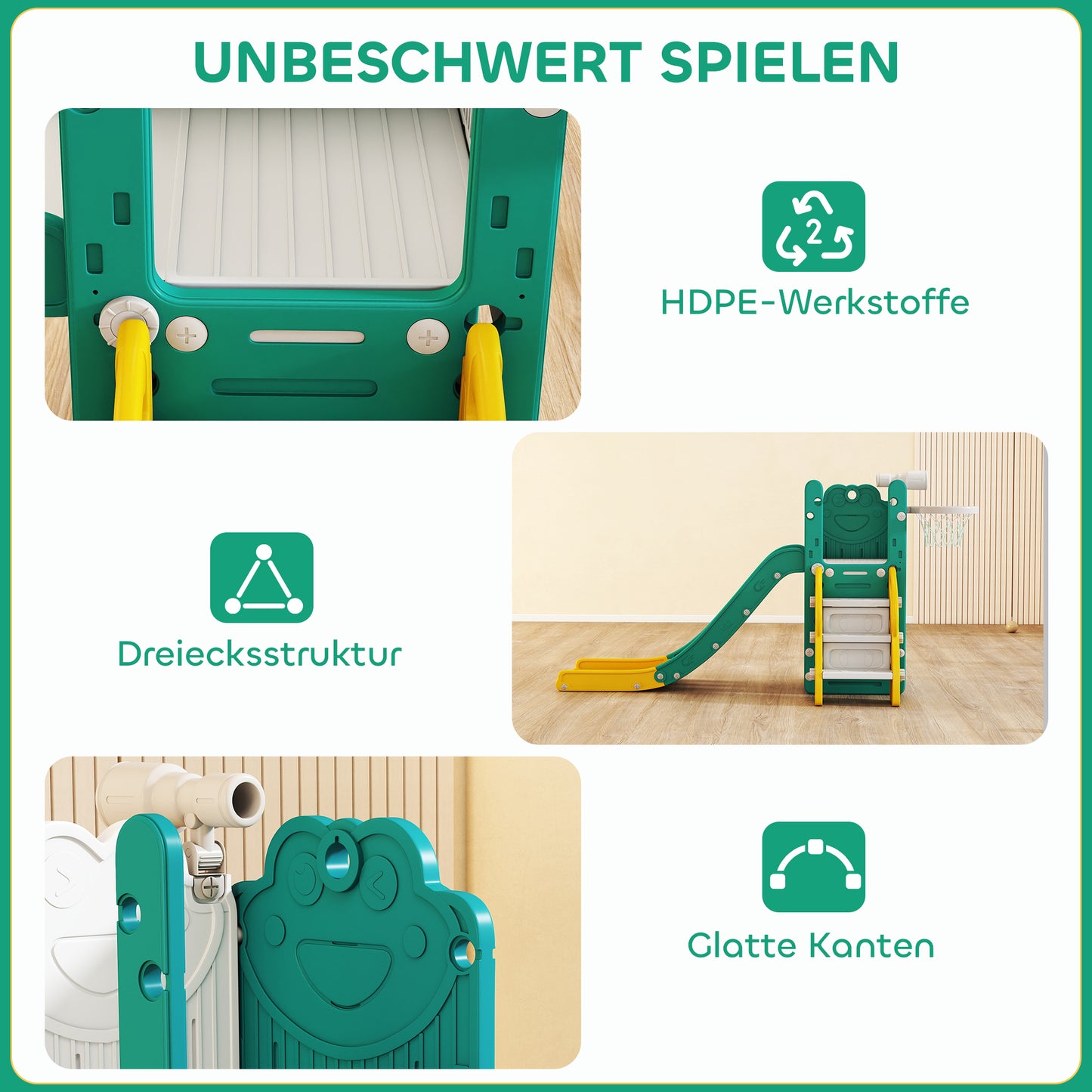 AIYAPLAY 5-in-1 Kinderrutschenset, Teleskop, Basketballkorb, Kunststoff, Gelb+Grün