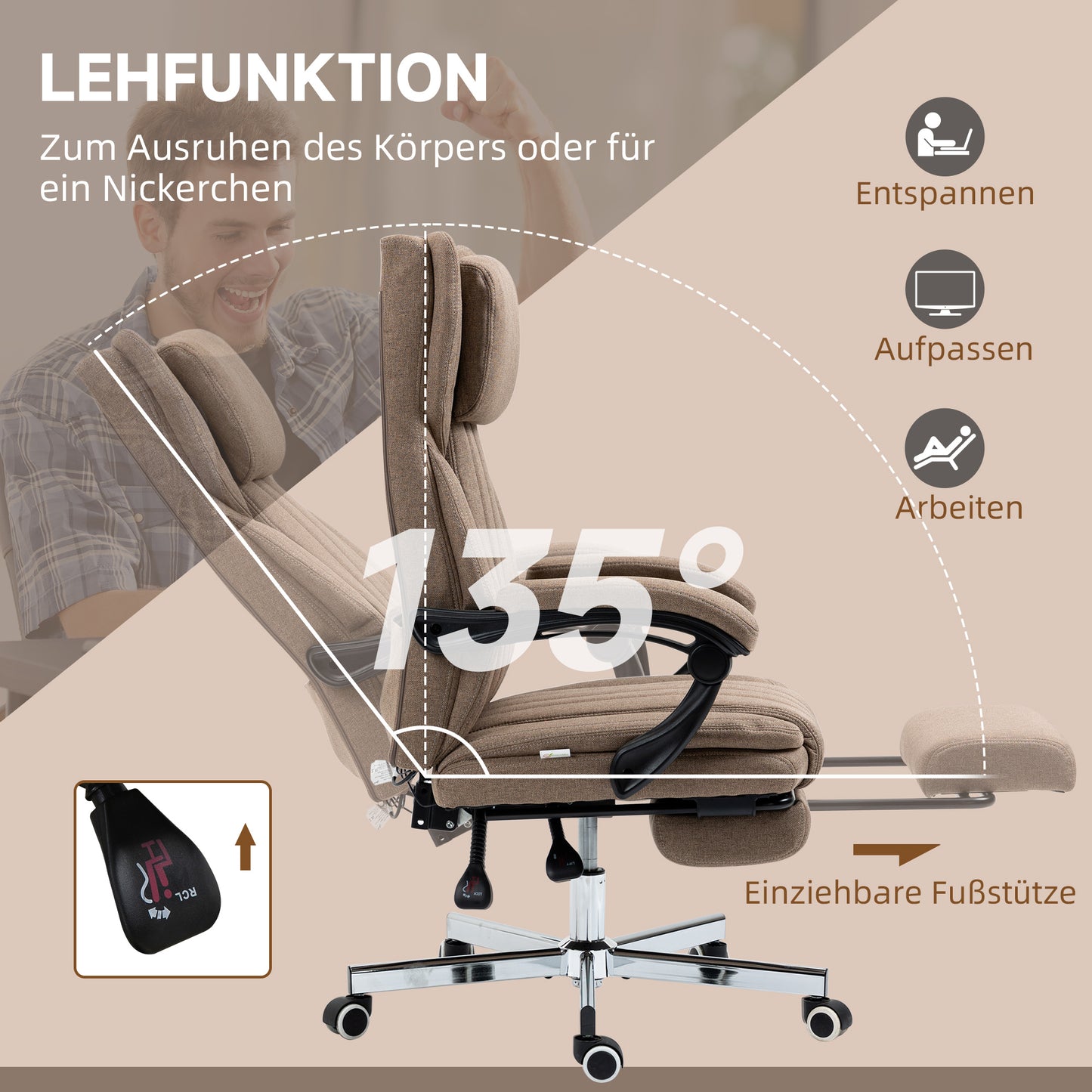 Vinsetto Bürostuhl mit Massagefunktion, neigbare Rücklehne, ausziehbare Fußstütze, Leinenoptik, 65 x 61 x 118 cm, Braun