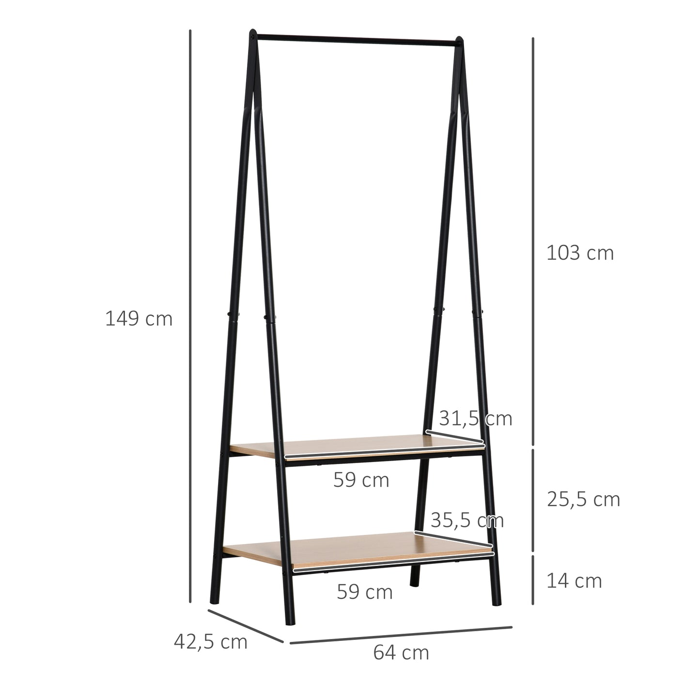 HOMCOM Gaderobenständer Kleiderständer Kleiderstange mit Schuhablage Wäscheständer Metall + Holz Schwarz + Natur 64 x 42,5 x 149 cm