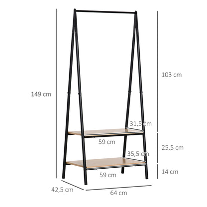 HOMCOM Gaderobenständer Kleiderständer Kleiderstange mit Schuhablage Wäscheständer Metall + Holz Schwarz + Natur 64 x 42,5 x 149 cm