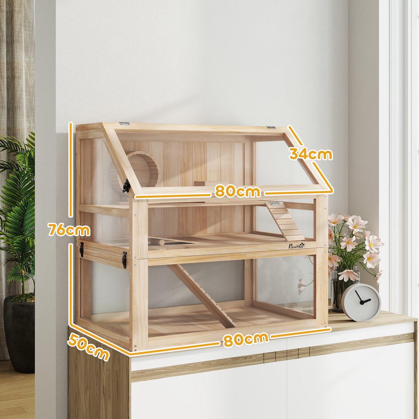 PawHut Hamsterkäfig aus Holz 3 Etagen Nagarium Nagerkäfig mit klappbarem Deckel Laufrad 80 x 50 x 76 cm Naturholz