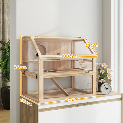 PawHut Hamsterkäfig aus Holz 3 Etagen Nagarium Nagerkäfig mit klappbarem Deckel Laufrad 80 x 50 x 76 cm Naturholz