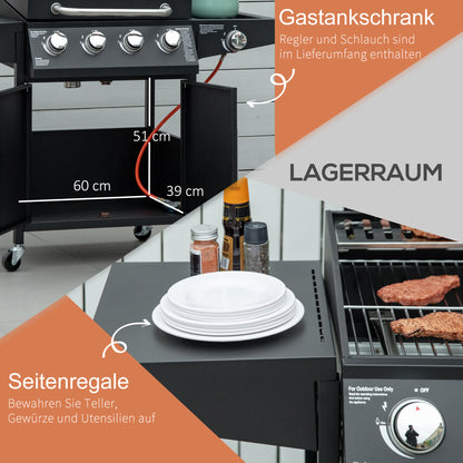 Outsunny Gasgrill BBQ mit 3 Brennern je 3 kw mobiler Grillwagen mit 4 Rädern Grillnetz Seitentischen Druckminderer Schläuche Schrank Multifunktion Metall Schwarz 132,4cm x 55cm x 109cm