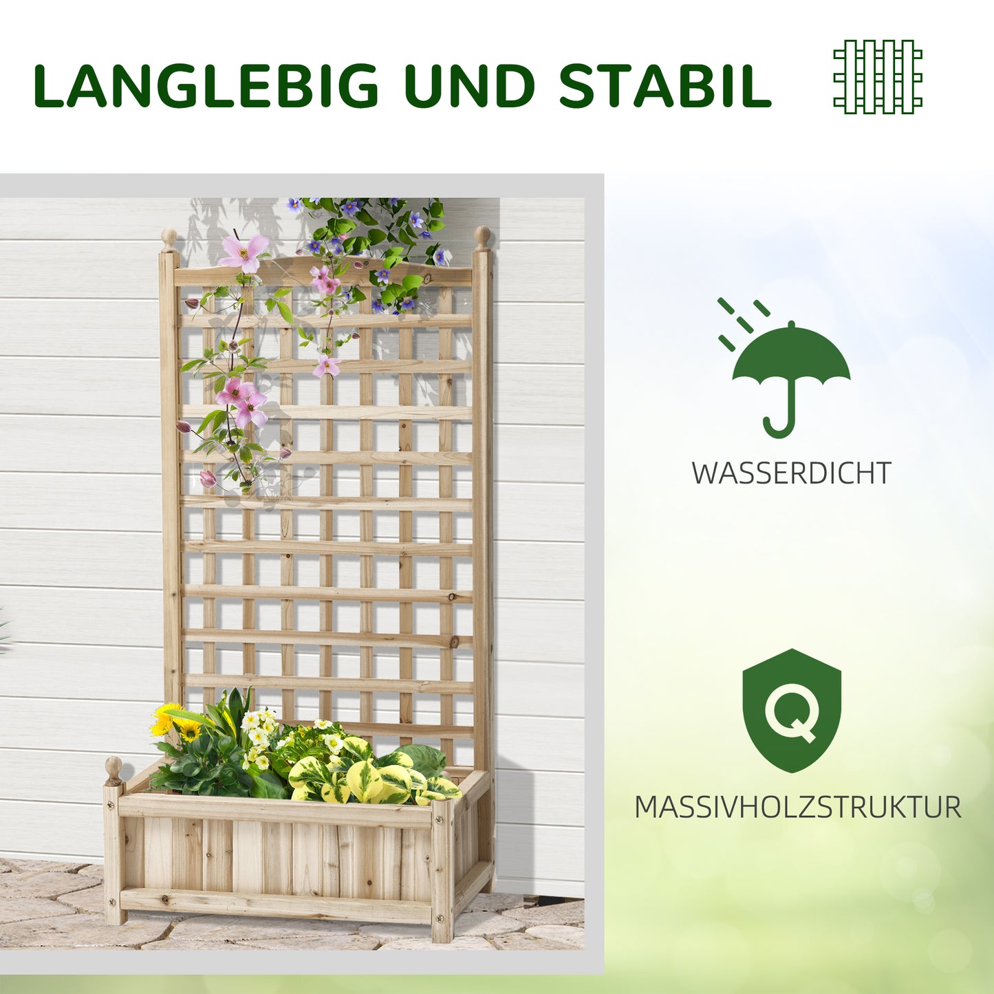Outsunny Hochbeet Pflanzkasten mit Rankgitter Blumenkasten Rankcasten Rosenbogen mit Rankhilfe für Kletterpflanzen Garten Holz Natur 64 × 28 × 120 سم