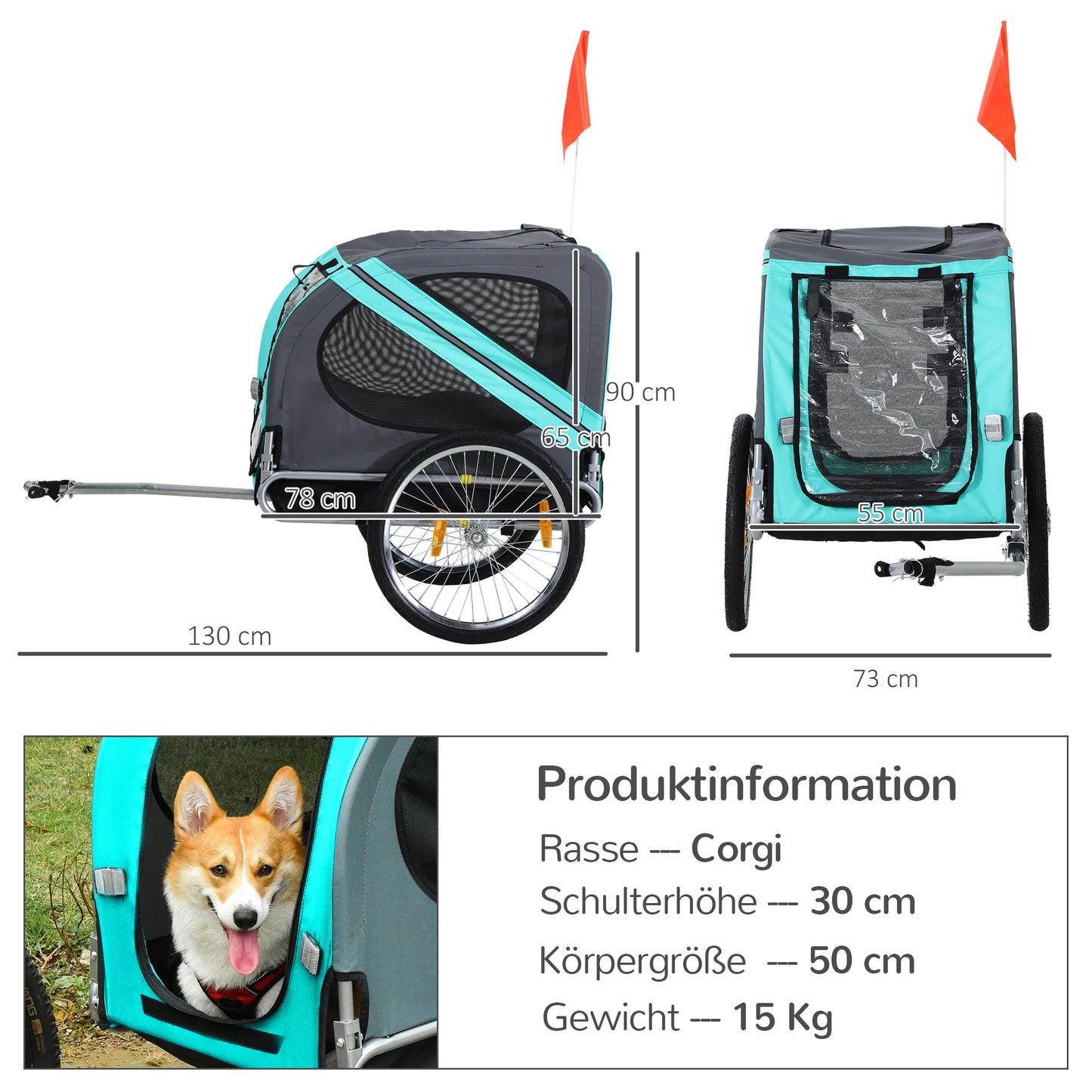 PawHut Haustieranhänger Hundeanhänger Fahrradanhänger bis 20kg klappbar Reflektor Regenschutz Stahl Grau + Grün 130 x 73 x 90cm
