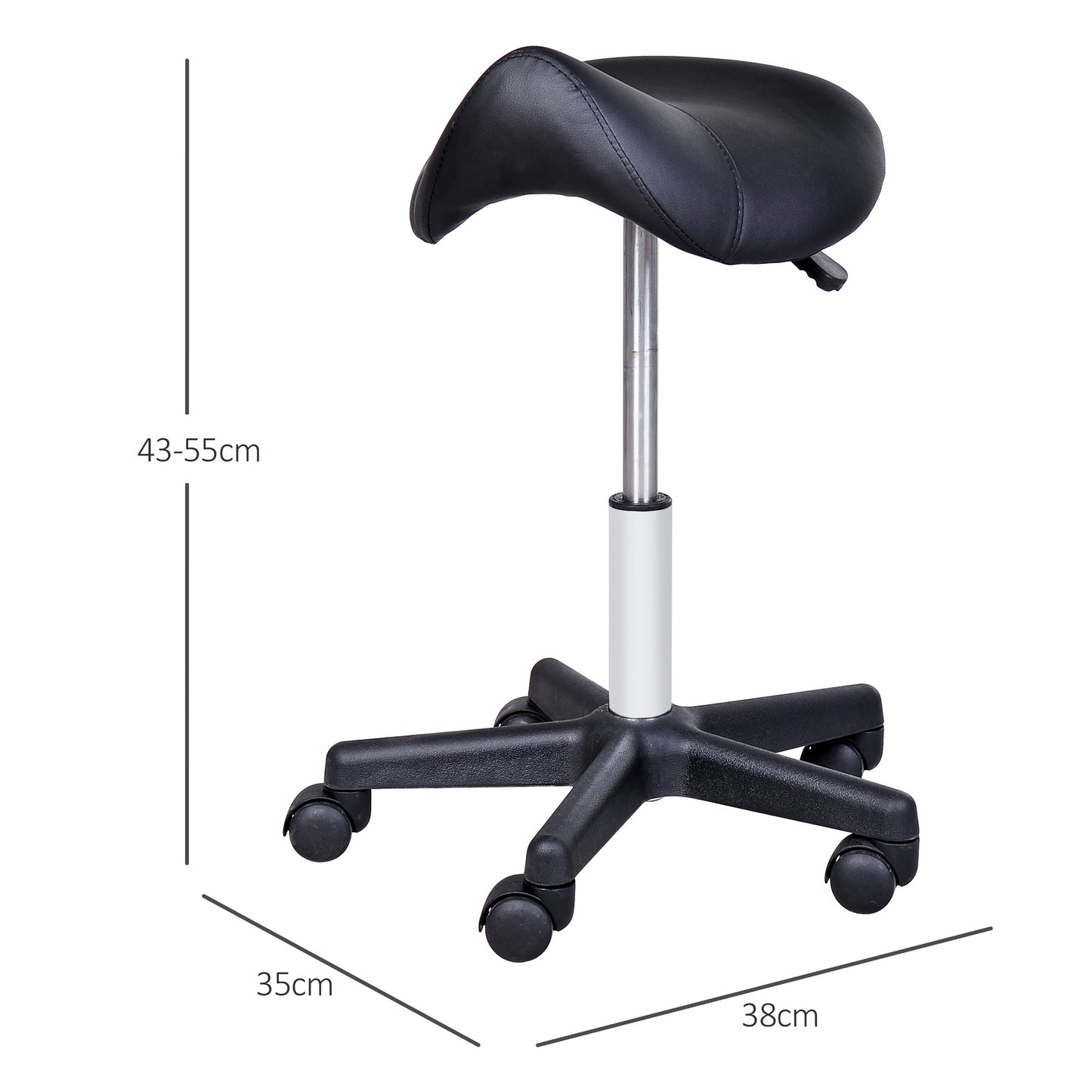 HOMCOM Rollhocker, sattelförmiger Sitz, höhenverstellbar, um 360° drehbar, Kunstleder, schwarz, 35 x 38 x 45-55 cm